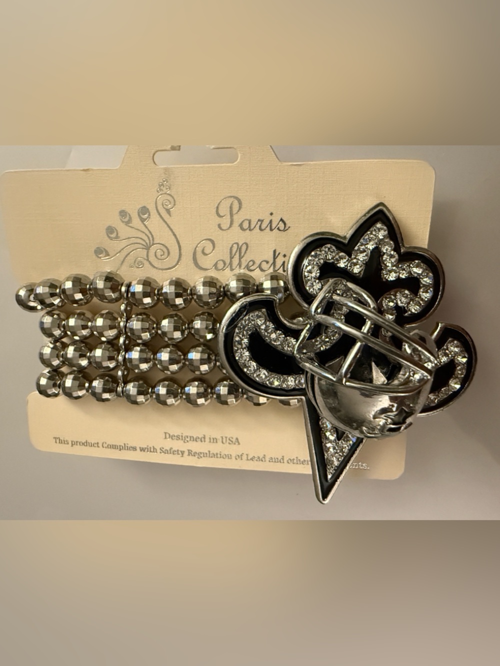 Silver statement stretch cuff brace Crystal Fleur-de-Lis Stretch Bracelet